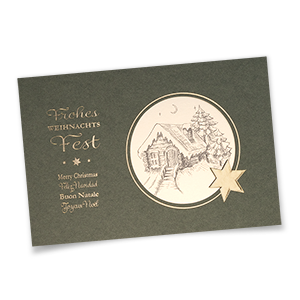 Vergrößere Abbildung Mehrsprachige, grüne Weihnachtskarte mit runder Fensterstanzung und Goldfoliendruck.