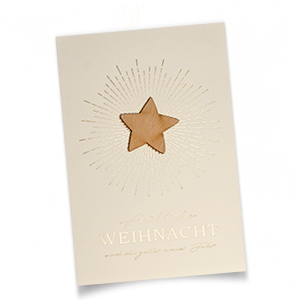 Vergrößere Abbildung Cremeweiße Weihnachtskarte mit Echtholz-Stern und goldgeprägtem Gruß Fröhliche Weihnacht und ein gutes neues Jahr.