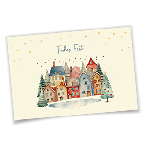 Vergrößere Abbildung Naturweiße Weihnachtskarte mit bunten Häusern, grünen Tannenbäumen und Gruß Frohes Fest.