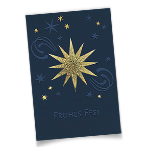 Vergrößere Abbildung Elegante Weihnachtskarte in Dunkelblau mit goldgeprägtem Stern und Weihnachtsgruß Frohes Fest