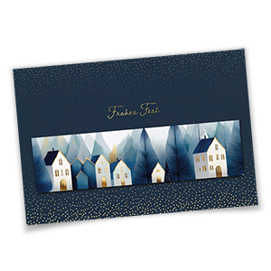 Vergrößere Abbildung Dunkelblaue Weihnachtskarten Winterliches Dorf mit Goldfolienprägung Frohes Fest und integriertem Lesezeichen mit Häusern und Tannen