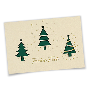 Vergrößere Abbildung Traditionelle Weihnachtskarten in cremeweiß mit drei formgestanzten Tannenbäumen, goldenen Sternen und goldgeprägtem Schriftzug Frohes Fest
