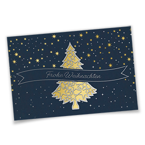 Vergrößere Abbildung Blaue Laser-Weihnachtskarten mit goldfarbenem Einlegeblatt, lasergestanztem Weihnachtsbaum und vielen Sternen