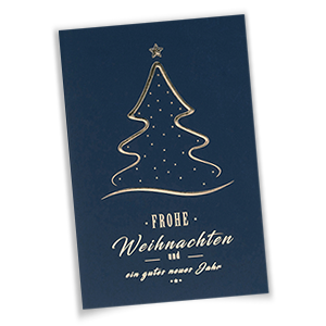 Vergrößere Abbildung Dunkelblaue Weihnachtskarte aus Soft-Touch-Karton mit goldgeprägtem Weihnachtsbaum und Gruß Frohe Weihnachten und ein gutes neues Jahr.